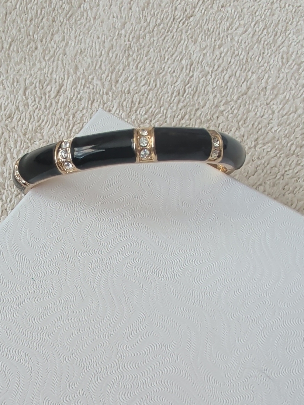 Black Enamel Gold-Tone Hinged Bangle with Crystal Accents